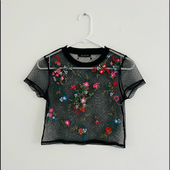 Urban Outfitters Cropped Floral Embroidered Mesh Top Small